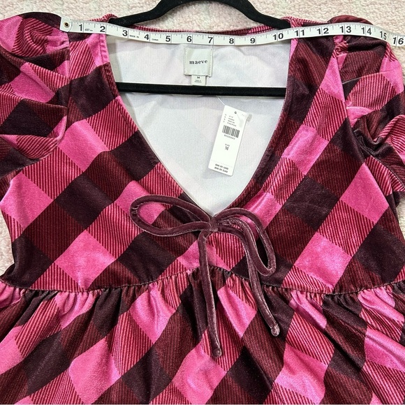 NWT Maeve Velvet Pink Maroon Plaid Puff Sleeve Top Low Cut Size Medium - Picture 8 of 12